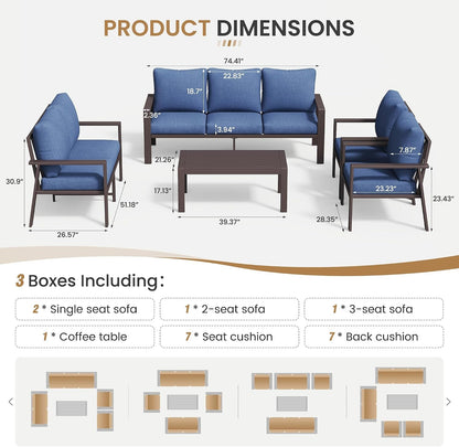 Aluminum Patio Furniture Set 5 Pieces Modern Patio Conversation Sets for Porch, Deck, Garden, 7-Seat Outdoor Furniture Metal Sofa Set with 4" Water-Resistant Cushion & Coffee Table,Navy5