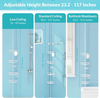 Shower Caddy Tension Pole, 4-Tier Adjustable Corner Shower Standing Caddy, Rustproof Shower Rack for Bathroom Bathtub, with 4 Shelves, No Drilling Shower Shelf for inside Shower (White)6