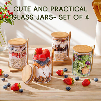 Overnight Oats Containers with Lids,16Oz Overnight Oats Jars 4 Pack, Oatmeal Cups,Meal Prep Containers,Glass Meal Prep Containers with Lids,China Pudding Jars3