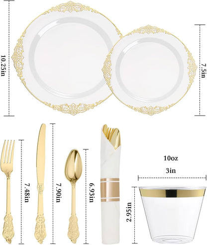 350 Piece Gold Plastic Dinnerware Set for 50 Guests2