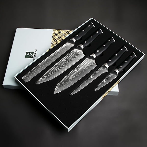 5-Piece Damascus Chef Knife Set: High Carbon Stainless Steel, Professional Ultra Sharp Kitchen Knife Set with Ergonomic Black Handle - Chef/Santoku/Paring/Bread/Brisket/Boning Knives in Gift Box9