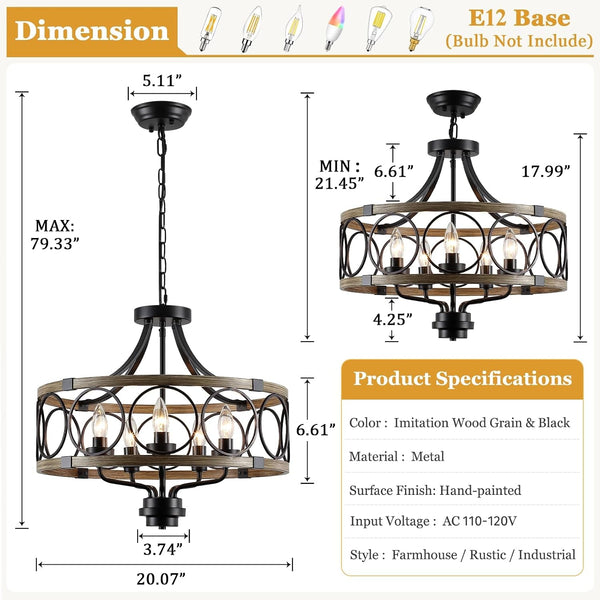 Rustic Drum Chandelier, 5-Light Black and Imitation Wood Farmhouse Ceiling Light Fixture, round Wood Grain Finish, Adjustable Height, for Dining Room, Hallway2