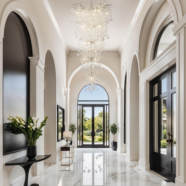 118" Large Crystal Chandelier for High Ceiling, 28-Light Silver Tree Branch Chandelier for High Ceilings, Staircase, Foyer, Entryway, Living Room, Luxury Long K9 Crystal Raindrop Tiered Chandeliers6