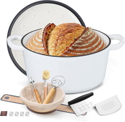 Enameled Dutch Oven Pot for Bread Baking, 6QT Enameled Cast Iron Cookware with Self-Basting Lid & Sourdough Bread Baking Supplies, Heavy Duty Casserole Pot & Dual Handles-White1
