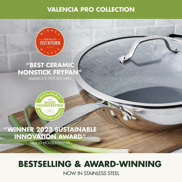 Valencia Pro Tri-Ply Stainless Steel 12” Wok with Lid, Pfas-Free Ceramic Nonstick Coating, Induction Ready Cookware, All Cooktops, Dishwasher & Oven Safe to 600F4