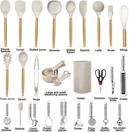 Kitchen Utensils Set- 35 Pcs Cooking Utensils with Grater,Tongs, Spoon Spatula &Turner Made of Heat Resistant Food Grade Silicone and Wooden Handles Kitchen Gadgets Tools Set for Nonstick Cookware2