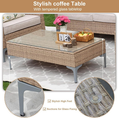 4-Piece Patio Furniture Set,Outdoor Wicker Patio Conversation Set with Tempered Glass Table,All-Weather Rattan Sectional Loveseat&Chairs with Thick Cushions for Garden,Deck,Backyard-Beige7