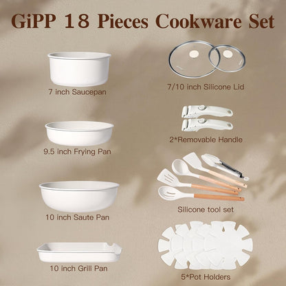 18PCS Pots and Pans Set Cookware Set with Detachable Handle | Non Stick,Non Toxic, PFOA Free, Dishwasher ＆Oven Safe, All Stoves Are Compatible, White2