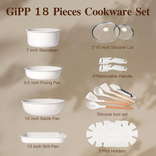 18PCS Pots and Pans Set Cookware Set with Detachable Handle | Non Stick,Non Toxic, PFOA Free, Dishwasher ＆Oven Safe, All Stoves Are Compatible, White2
