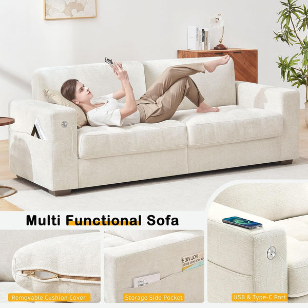 89" Sofa for Living Room, Modern Comfy Sofa with Medium Firm Seat Cushion, Removable Cover,Wide Armrest,Usb/Type-C Port,Chenille Fabric Couches for Small Space,Apartment5