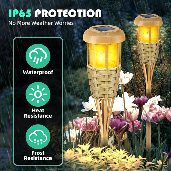 Flickering Flames Solar Powered Lights - Upgraded Solar Torches Waterproof Outdoor Decorative Lighting Auto On/Off, Handmade Bamboo Finish, 2-Pack3