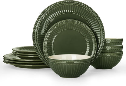 Ceramic Plates and Bowls Sets, 12Pc Handmade Dinnerware Set for 41