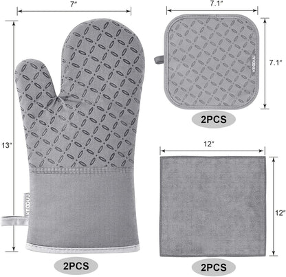 Oven Mitts and Pot Holders 6Pcs Set, Kitchen Oven Glove High Heat Resistant 500 Degree Extra Long Oven Mitts and Potholder with Non-Slip Silicone Surface for Cooking (Light Gary)2