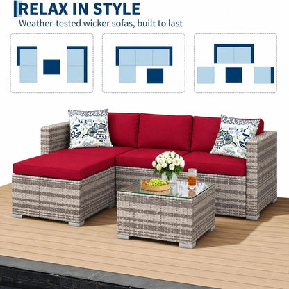 5 Piece Outdoor Patio Furniture Set, All-Weather PE Wicker Sectional Couch Set with Cushions and Ottomans, Outdoor Patio Conversation Set with Glass Table for Backyard, Porch, Balcony3