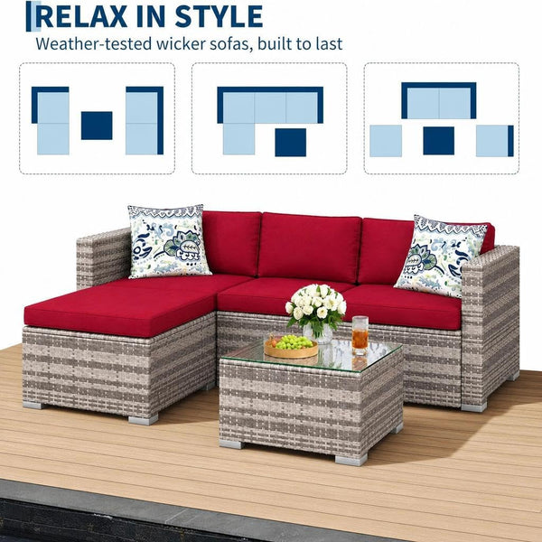 5 Piece Outdoor Patio Furniture Set, All-Weather PE Wicker Sectional Couch Set with Cushions and Ottomans, Outdoor Patio Conversation Set with Glass Table for Backyard, Porch, Balcony3