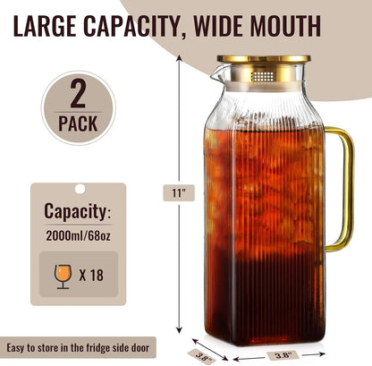 2 Pack 2 Liter/68 Oz Square Glass Pitcher with Lid, Classic Stripes Water Pitchers with Handle for Fridge, Large Jug for Iced Tea, Coffee, Borosilicate Glass Carafe for Hot/Cold Brew Drink, Gold2