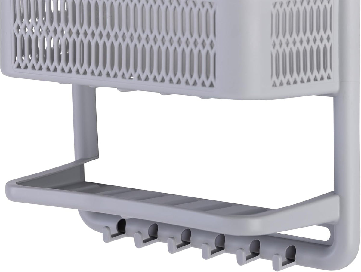 molded-shower-caddy-bathroom-storage-hangs-over-shower-head-6-accessory-hooks-holds-razors-washcloths-accessories-suction-cup-stability-grey
