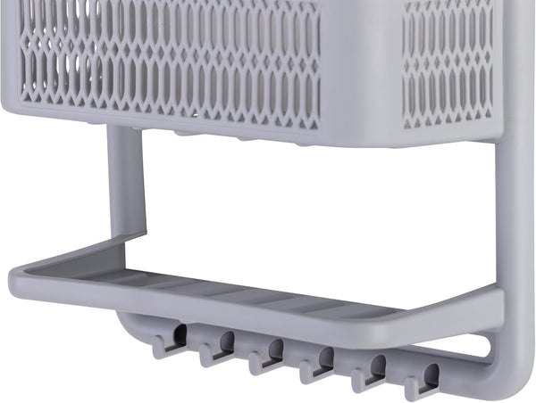 Molded Shower Caddy | Bathroom Storage | Hangs over Shower Head | 6 Accessory Hooks | Holds Razors | Washcloths | Accessories | Suction Cup Stability | Grey4