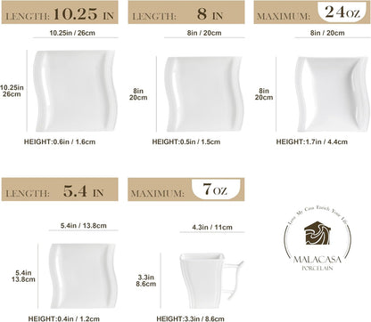 Ivory White Dinnerware Sets, 30-Piece Porcelain Plates and Bowls Sets, Modern Dish Set for 6, Square Plates Dinnerware Set Kitchen Dishware Sets, Microwave and Dishwasher Safe, Series Flora2