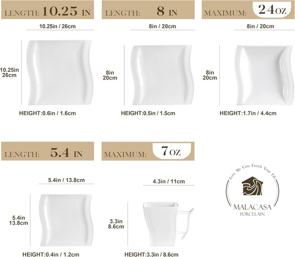 Ivory White Dinnerware Sets, 30-Piece Porcelain Plates and Bowls Sets, Modern Dish Set for 6, Square Plates Dinnerware Set Kitchen Dishware Sets, Microwave and Dishwasher Safe, Series Flora2