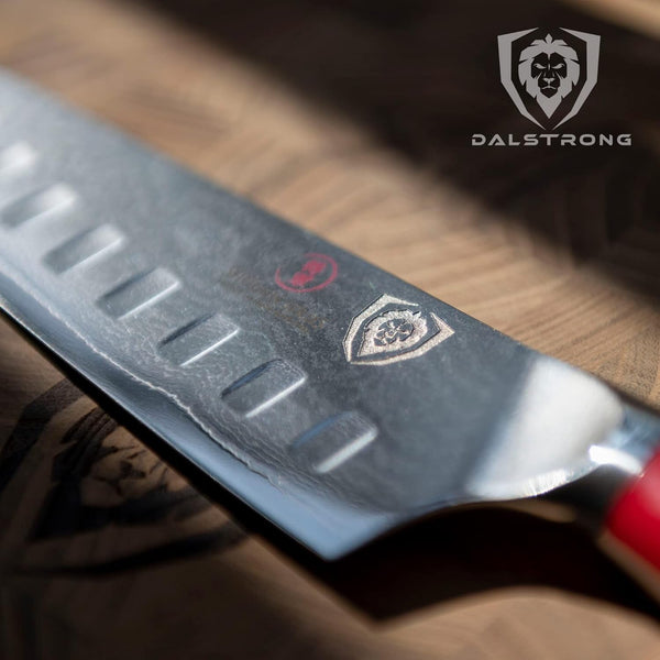 Santoku Knife - 7 Inch - Shogun Series - Damascus - Japanese AUS-10V Super Steel Kitchen Knife - Vacuum Treated - Crimson Red ABS Handle - Razor Sharp Vegetable Knife - W/Sheath5