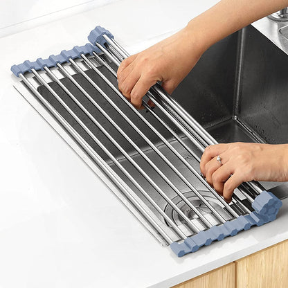 over the Sink Dish Drying Rack, Roll up Dish Drying Rack Kitchen Dish Rack Stainless Steel Sink Drying Rack, Foldable Dish Drainer, 17.5''X11.8''1