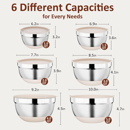 9 Pack Mixing Bowls with Airtight Lids & Grater Attachments, Khaki | Stainless Steel Bowl, Non-Slip Bases, Nesting Kitchen Bowl, Size 5, 4, 3, 2, 1.5,1Qt,For Food Prep, Baking, Storage & Serving2