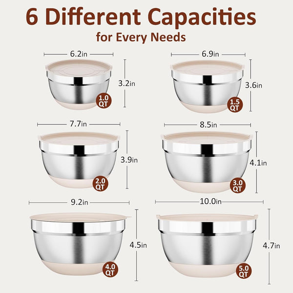 9 Pack Mixing Bowls with Airtight Lids & Grater Attachments, Khaki2