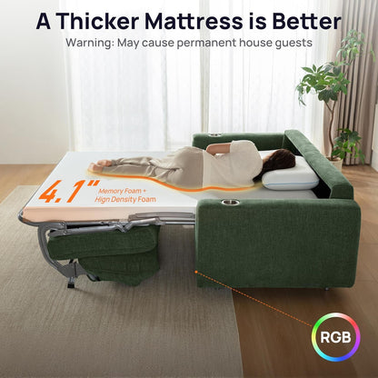 Pull Out Sofa Bed, No Cushion Removal, Queen Sleeper Sofa with USB Fast Charging, Memory Form Mattress, 2-In-1 Convertible Comfy Loveseat Couch Bed for RV, Apartment, and Small Spaces (Green)8