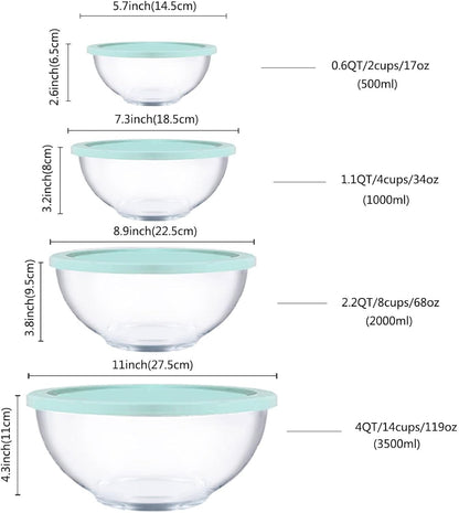 Glass Mixing Bowls with Lids Set, 8 Pieces Glass Salad Bowl Set with Lids(0.6Qt,1.1Qt,2.2Qt,4Qt) High Brosilicate Microwave Bowls for Kitchen Baking, Prepping Serving and Storage, Great Gift4