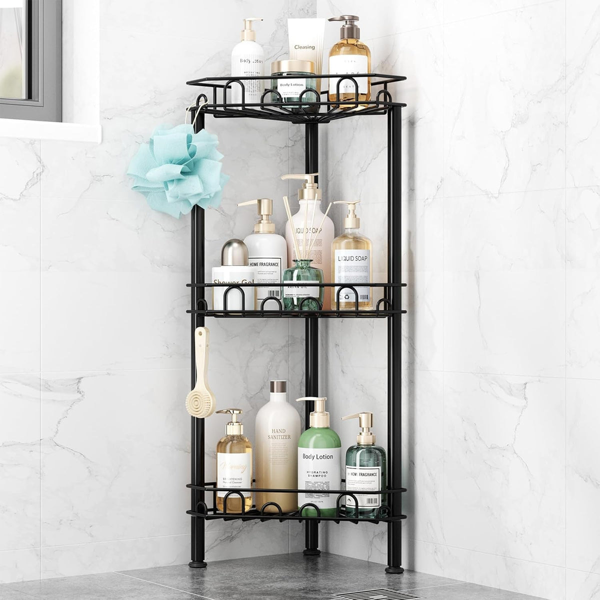 standing-shower-caddy-corner-3-tier-stainless-steel-shower-organizer-shelf-with-12-hooks-and-adhesive-pads-rustproof-corner-shelves-stand-rack-for-bathroom-shower-room-black