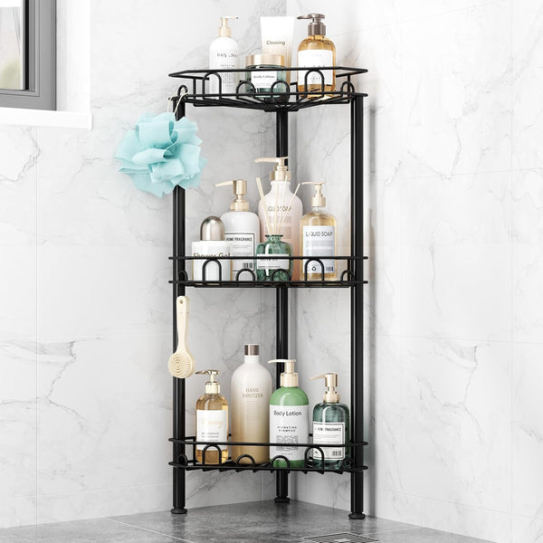 Standing Shower Caddy Corner - 3‑Tier Stainless Steel Shower Organizer Shelf with 12 Hooks and Adhesive Pads, Rustproof Corner Shelves Stand Rack for Bathroom Shower Room, Black1