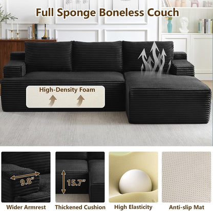 96" Modular Sectional Sofa Couches L-Shape Couch 3 Seat Modular Sofa Corduroy Memory Foam Sectional Boneless Couches for Living Room, Cloud Couch with Oversized Chaise(Black, Right Facing)7