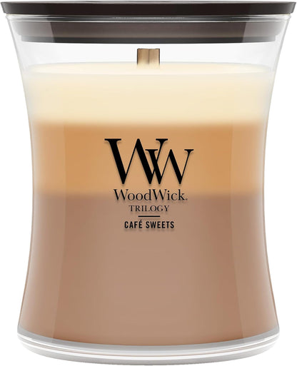 Woodwick Café Sweets Trilogy Holiday Candle Gifts for Women and Men, 9.7 Oz Medium Hourglass Trilogy Candle with Crackling Wick1