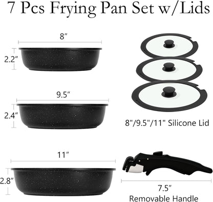 Nonstick Ceramic Frying Pans Skillets Set with Lids & Detachable Handle, Non-Toxic Egg Omelette Kitchen Cooking Pans Compatible with All Stovetops, PTFE & PFOA Free, Black, 7-Piece2