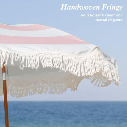 Boho Fringe Umbrella, 6.5Ft Outdoor Umbrella with Tassel | Boho Chic Style, UPF 50+ Sun Protection, Steel Pole, Push Button Tilt, Easy to Set Up, for Party Picnic Beach, Green Stripe3