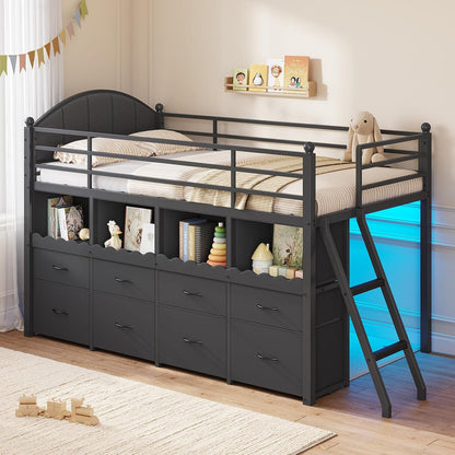 Low Loft Bed Twin Size with 8 Drawers, 4 Bookcase & LED Lights,Black1