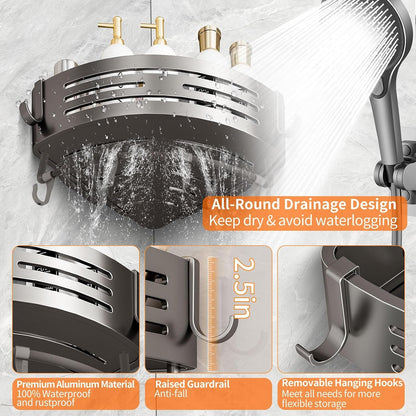 Corner Shower Caddy Suction Cup, Shower Shelves Organizer for Bathroom Storage, Aluminum No-Drilling Removable Rustproof Shower Shelf Rack with Towel Bar & Hooks (Gray)5