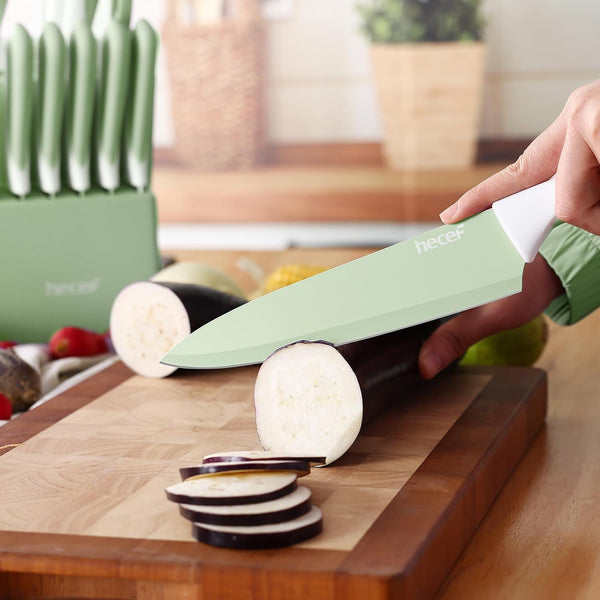 15 Pieces Green Kitchen Knife Set, Built-In Sharpening Wooden Block | Dishwasher Safe, High Carbon Stainless Steel, Includes Steak Knives & Kitchen Scissors7