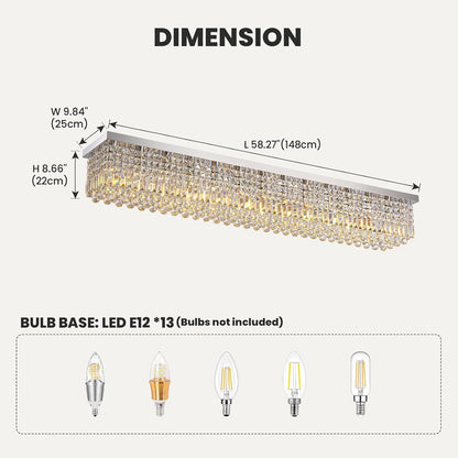 Rectangular Chandelier, Modern Dining Room Light Fixture with Raindrop Chandelier Crystals, 13-Light Flush Mount Rectangle Chandelier for Dining Room Kitchen,Chrome Finish L59'' X W10'' X H9''4