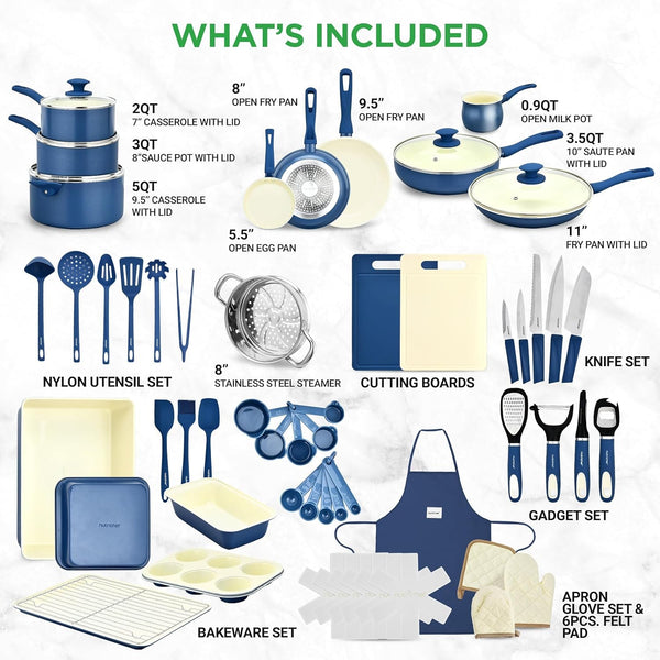 54 Piece Professional Grade Complete Home Kitchen Cookware Set, Ceramic Non-Stick Bakeware, Pot and Pans Kit, Cool-Touch Handles, Safe for Gas, Electric, Induction Cooktops, Easy Clean2
