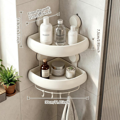 Shower Caddy Suction Cup（2-Pack Cream White）, No-Drilling Corner Bathroom Organizer,Rust Proof Shower Shelf for inside Shower with Removable Hooks & Towel Bar2