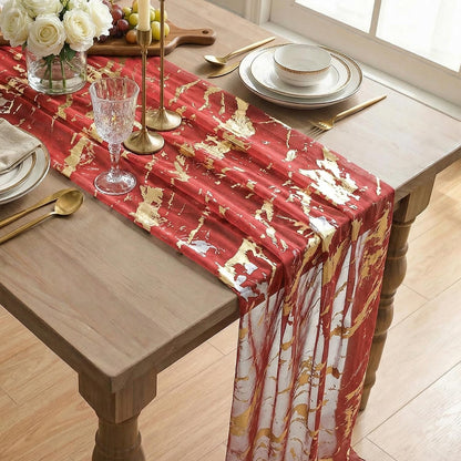Marble Pattern Red Gauze Table Runner 10FT, Glitter Metallic Foil Sheer Dining Wedding Anniversary Birthday Table Decor for Home Party4