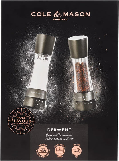 Cole & Mason H332293 Derwent Black Wood Salt and Pepper Mills, Gourmet Precision+, Adjustable Grind, Stained Beech/Acrylic, 190 Mm, Gift Set, Includes 1 Salt and 1 Pepper Grinders | with 9 Precise Grinding Levels for Fine or Coarse Granules, Easy-To-Refill, Gourmet Precision Grinders for Fresh Spices4