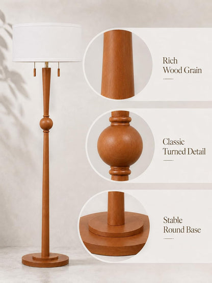 Solid Wood Floor Lamp for Living Room,Pull Chains Standing Lamp | 62.8" Tall,17" White Drum Shade,Sculptural Wood Base & Stem,2-Light Design,Standing Lamp for Bedroom,2 Bulbs Included3