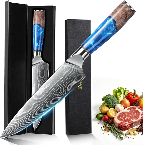 Damascus High Carbon Chefs Knife Ergonomic Handle(8In,Blueresin)1