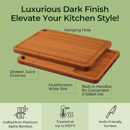 Bamboo Cutting Board, Wood Chopping & Butcher Block for Kitchen | Non Toxic, Resisted-Cracking&Curling, Deep Juice Groove, Side Handles,Cross-Laminated Structure, Knife-Friendly, Gifts Ready5