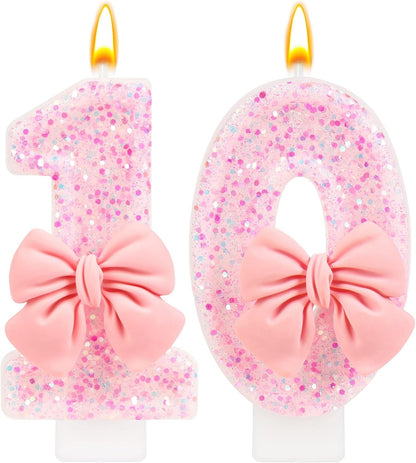 Number 10 Birthday Candle, Pink Bow Birthday Candles, Glitter Candle Cake Topper, Happy Birthday Cake Decoration Gifts, Anniversary Party Supplies for Girl1