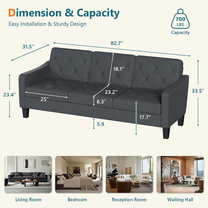 83" Mid Century Modern 3 Seater Couch, Dark Grey Sofa, Tufted (Dark Grey)2
