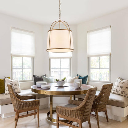 Rustic Modern Chandelier for Entryway, Dining Room Chandelier with Off-White Fabric Shade, Gold Pendant Light Fixture for Bedroom Kitchen Farmhouse2